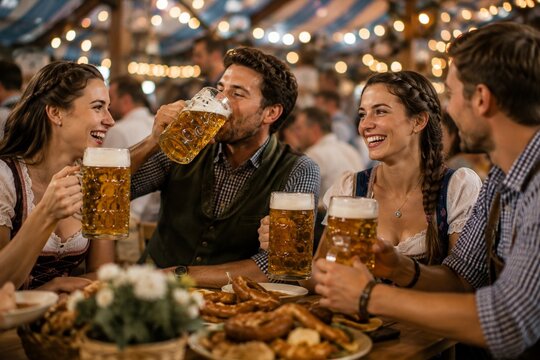 Friends Enjoying Beer and Traditional Food at Oktoberfest Celebration