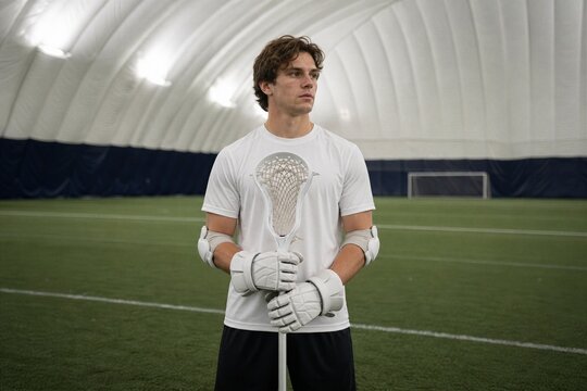 Young man standing alone holding lacrosse stick in indoor training field