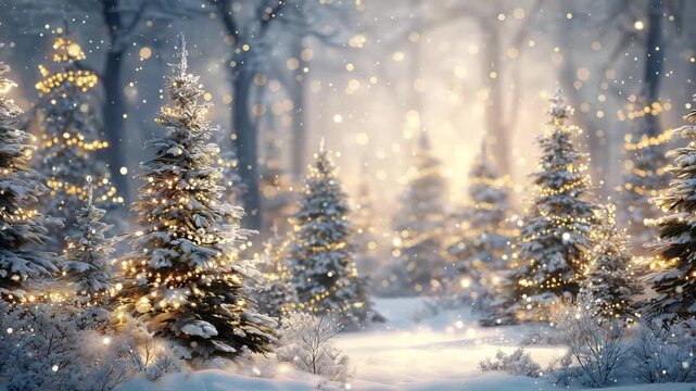 Snow covered trees with warm lights glow in a forest during the holiday season in winter, creating a festive atmosphere