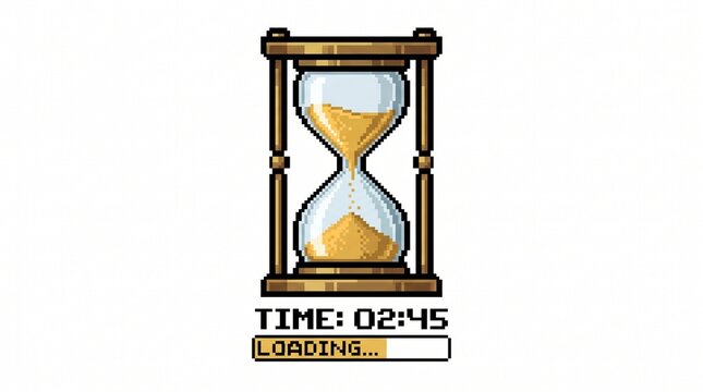 8-bit pixel art of an antique glass hourglass UI loading game asset isolated on white.