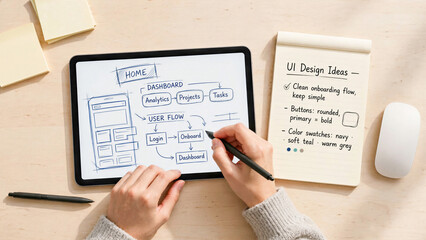 Obraz premium Top View Overhead Shot of Freelancer Hands Sketching UI Design on Tablet Screen beside Notepad and Mouse