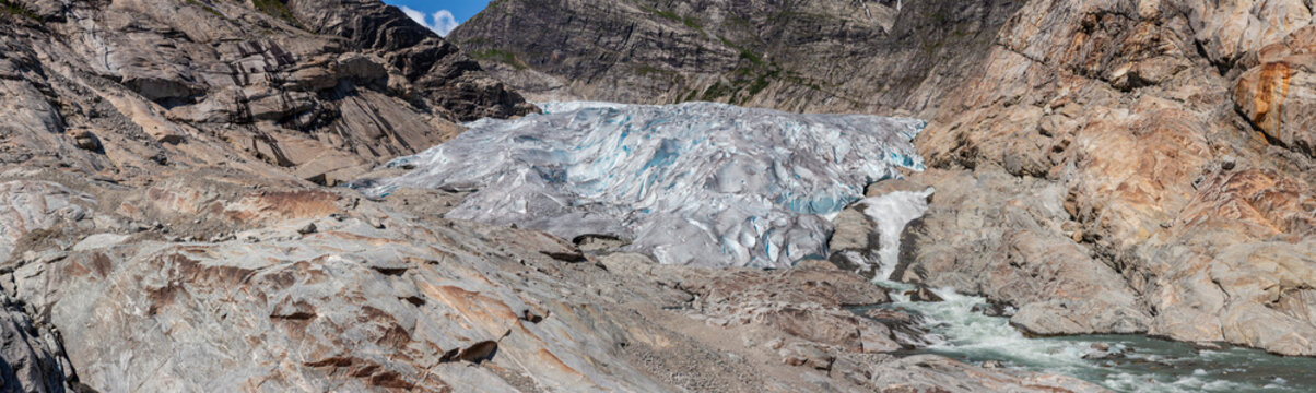 Panorama of Nigardsbreen glacier toe in the Jostedalen valley, Norway