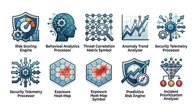 Cybersecurity Risk Analysis Icon Set, Threat Detection and Anomaly Trend Icons, Security Telemetry Vector Illustrations, Data Protection Symbols isolated on White Background Editable