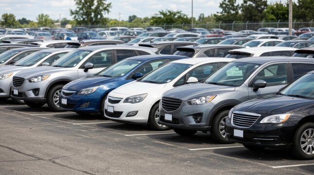 Rows of modern passenger cars parked in a large outdoor lot representing automotive inventory and urban transport