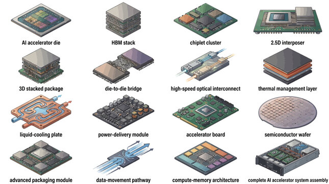 Isometric AI Accelerator Components, Computing Infrastructure Icons, Stacked semiconductor chips, silicon wafers, power delivery modules. 3D technology symbols for hardware engineering. isolated