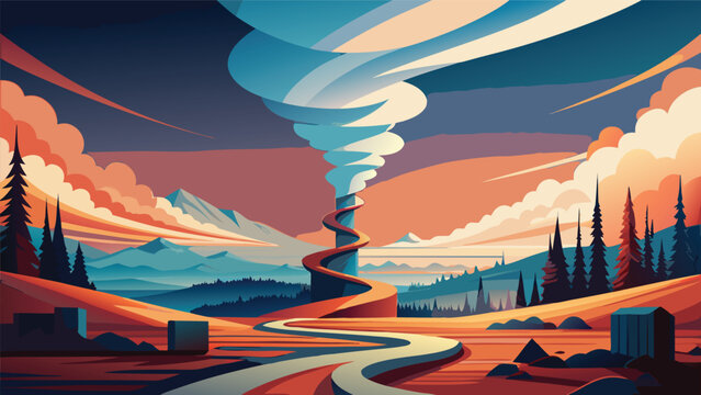 Editorial natural disaster tornado landscape vector illustration with disaster landscape dramatic stylized environment atmosphere mountain countryside whirlwind