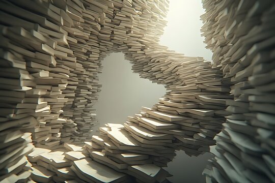 IA generated floating book staircase spiraling into white void. Magical realism surreal library background with soft directional light.
