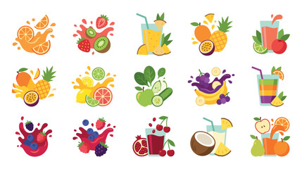 Obraz premium Vibrant fruit juice splashes and smoothie glasses colored icons.