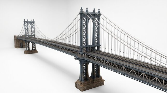 Suspension bridge model with steel towers and intricate cable design is isolated on a clean white background.
