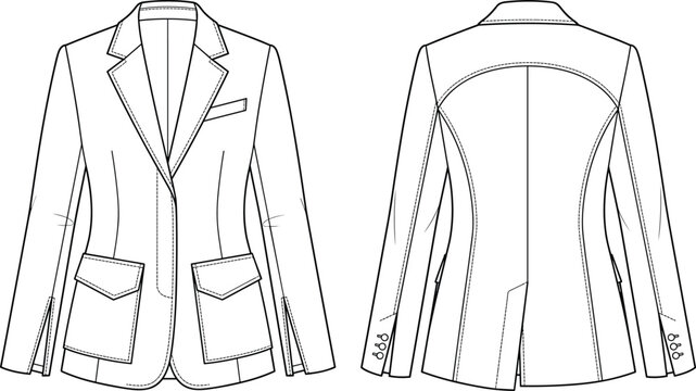 Fashion flat sketch technical drawing of a women tailored blazer jacket with lapels front and back view