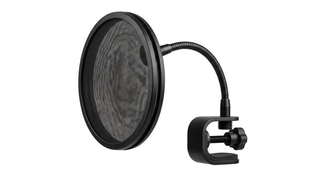 Black Microphone Pop Filter with Flexible Gooseneck Arm and Adjustable Clamp Isolated for Studio Recording and Podcasting Equipment Mockup
