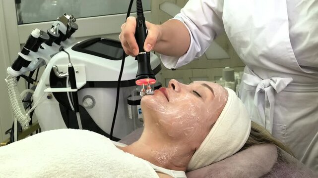 Cosmetologist performs RF lifting facial treatment on a mature woman in a beauty salon, professional radiofrequency rejuvenation and anti aging skincare.