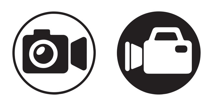 Black and white video camera icons in circles vector, suitable for modern media graphics.