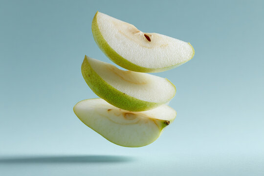 Fresh pear slices gracefully floating in air