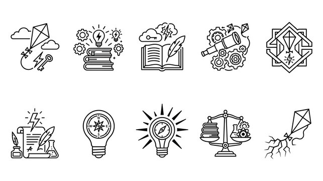 Scientific discovery line icons with kite books and light bulbs.
