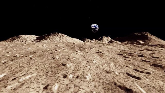 Moon landscape terrain animated backdrop with Earth on the horizon stock footage