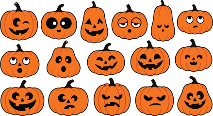 Naklejka premium Cute and Spooky Orange Jack O Lantern Pumpkin Faces Halloween Vector Collection