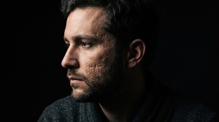 Fototapeta premium Dramatic side profile portrait of man with deep pitted acne scars on cheek