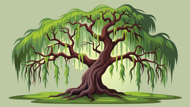Editorial weeping willow tree landscape vector illustration with landscape branches botanical woodland environmental countryside tranquil peaceful silhouette wilderness ecological