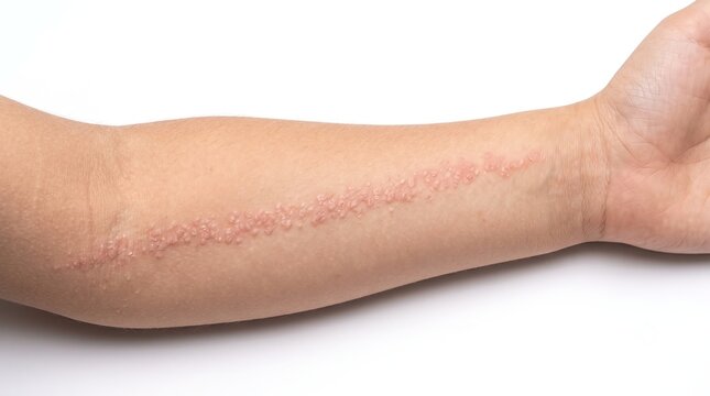 Linear raised pink rash lesions along child forearm skin showing lichen striatus