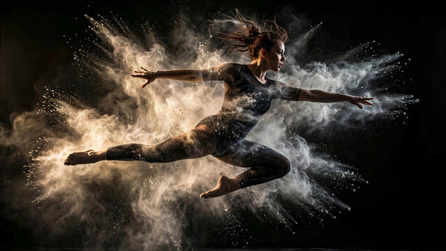 Action shot of dancer jumping mid air with white flour powder cloud expanding around motion on black backdrop