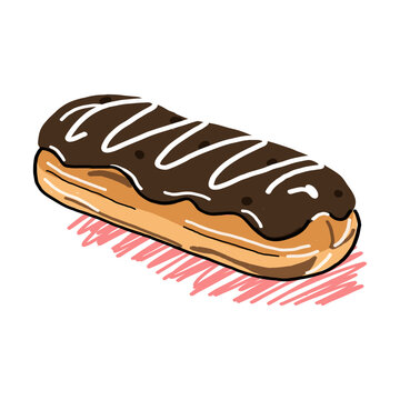 Hand drawn chocolate eclair with cream filling and white glaze decoration in a playful bakery doodle style.
