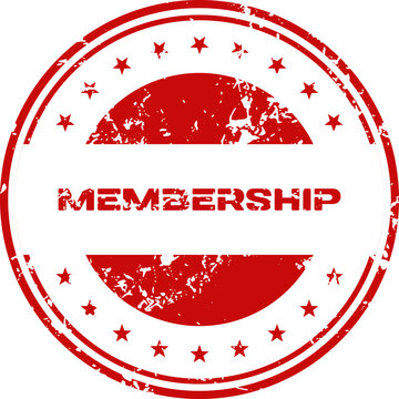 Red rubber stamp with the word membership inside a circular frame with star details on a white background