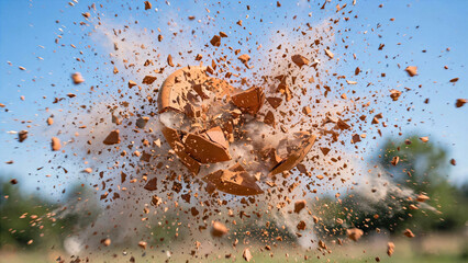 Fototapeta premium High speed photo of clay shooting target skeet shattering into dust particles in mid air on blue sky background