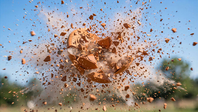 High speed photo of clay shooting target skeet shattering into dust particles in mid air on blue sky background