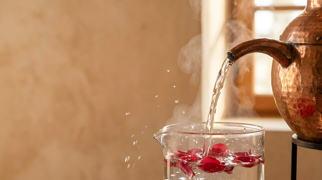 Fresh Rose Hydrosol Distillate Pouring From Copper Alembic Still Spout Into Glass Beaker With Steaming Rose Petals