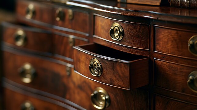 Antique wooden dresser with open drawer in luxury home interior.