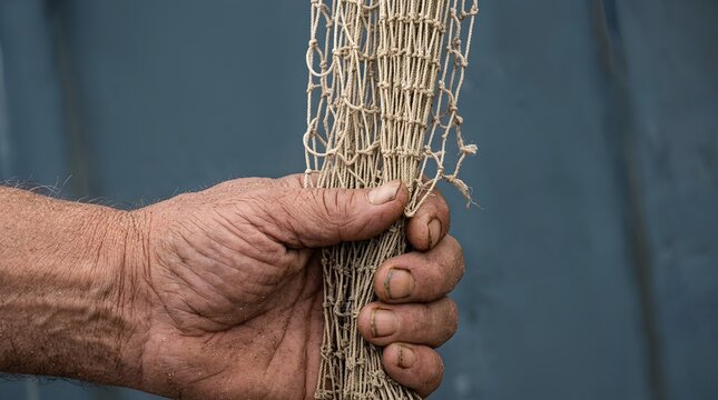 Fisherman dirty calloused hand holding rope fishing net close up traditional marine industry
