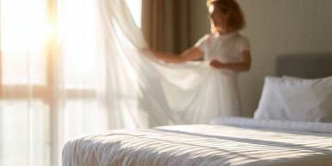 Fototapeta premium Woman opening curtains in bright bedroom