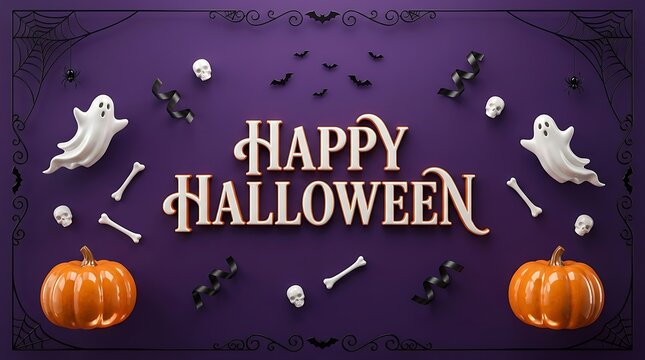 Festive halloween scene with pumpkins ghosts bones and decorative lettering