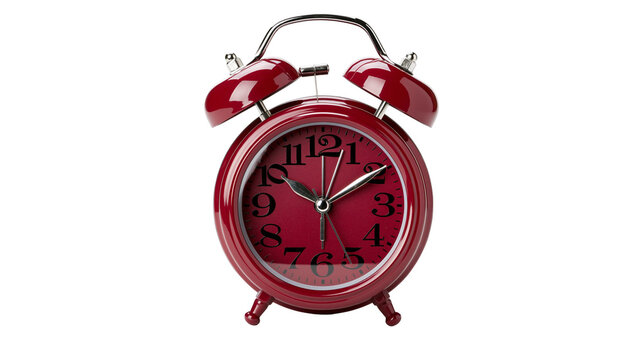 Shiny red twin bell alarm clock with metal handle, isolated on transparent background