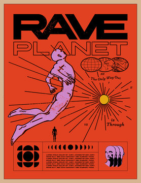 Rave Planet party poster template in retro futuristic style. Vintage EDM concert flyer vector illustration with cosmic artwork, abstract symbols, and text space