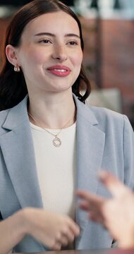 Hiring, handshake and woman with resume for job interview, meeting and welcome for opportunity. Creative, recruitment and person shaking hands with hr manager for thank you, vacancy or onboarding