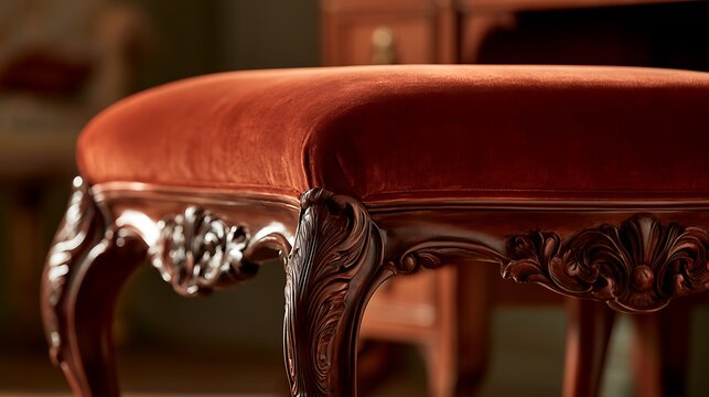 Elegant Vintage Velvet Upholstered Stool with Ornate Carved Wooden Legs.
