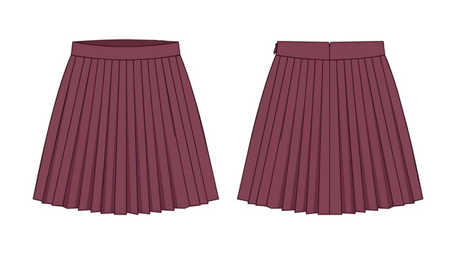 Women Pleated Tennis Skirt in Maroon Color Technical Fashion Illustration Flat Template Mockup for Apparel Design Front and Back View