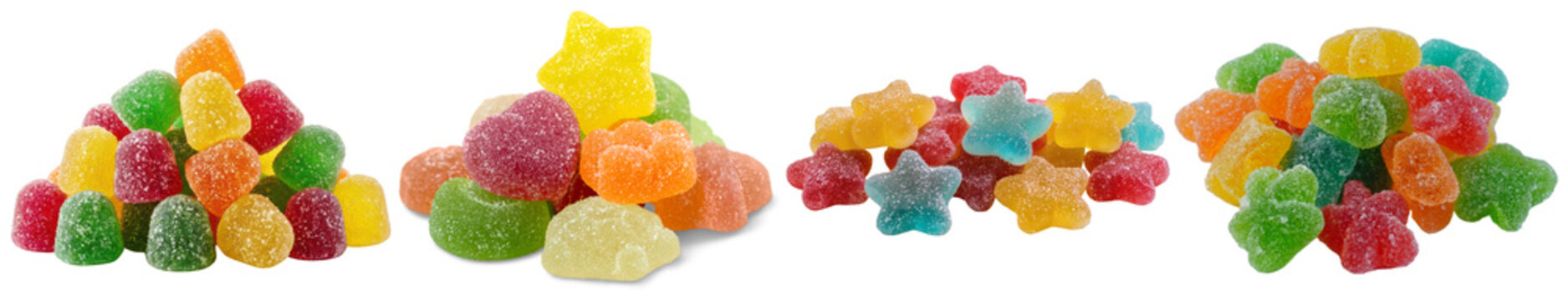 Vibrant sugar-coated gummy candies in assorted shapes, piled high, showcasing bright colors and tempting textures.
