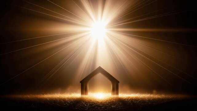 A profound depiction of hope and divine intervention, where a humble stable is illuminated by a radiant celestial light. ..Created with Generative AI, not depicting real subjects.