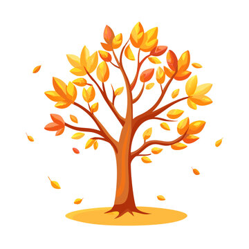 Autumn tree with warm seasonal colors and falling leaves. Vector illustration. Minimal clean design. Outdoor, nature concepts and seasonal projects.