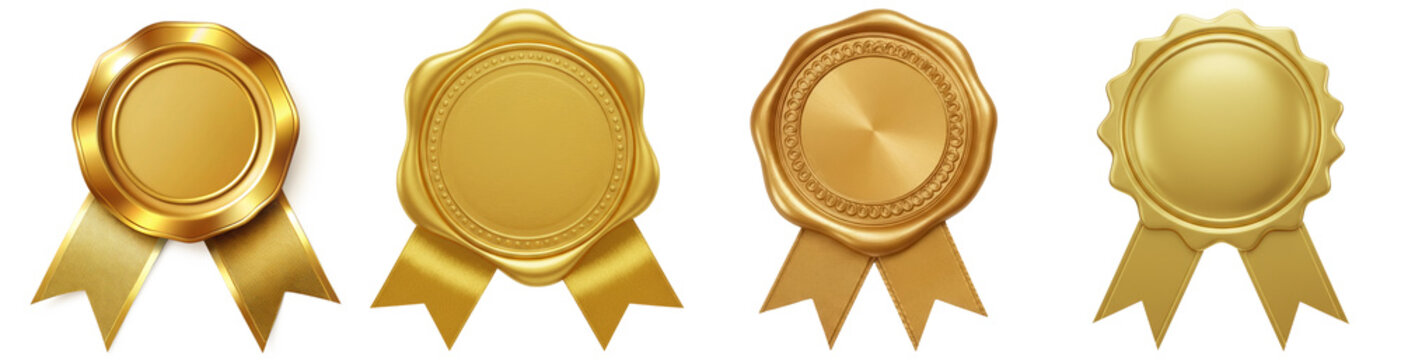 Collection of shiny gold award seals and medals with ribbons, symbolizing quality, achievement, and excellence.