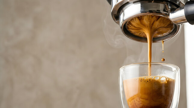 Espresso Shot Extracting From Bottomless Portafilter With Rich Crema And Tiger Striping Into Glass Cup