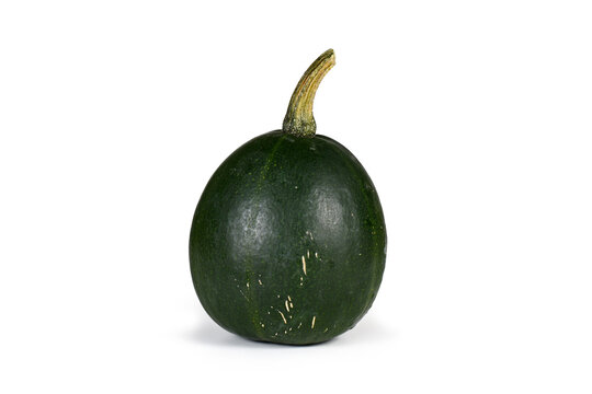 Small dark green 'African Smaragd Cucurbita Pepo' squash on white background