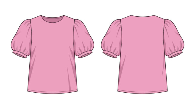Pink Ladies Fashion Puff Sleeve Top Blouse Technical Flat Sketch Template with Front and Back View for Apparel Design Mockup and Clothing Production