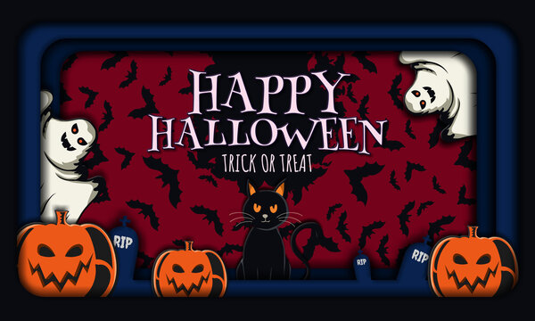Horizontal 3D paper cut Halloween banner with black cat, ghosts, pumpkins, and RIP tombstones on red bat background. Ideal for web headers, email banners, social media covers, and party banners.