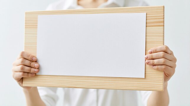Person holding a blank wooden frame with white paper for text or design