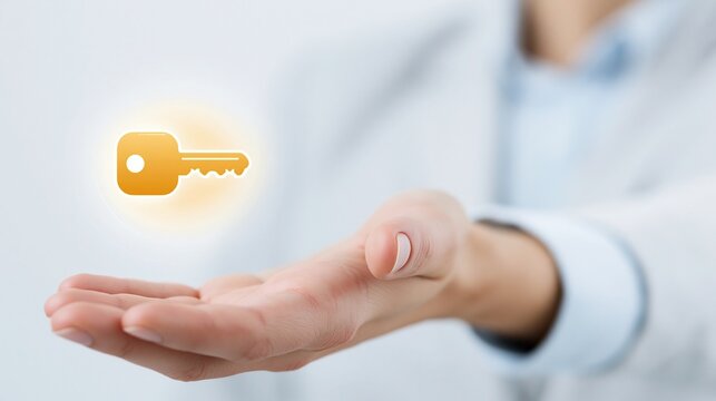 Hand Offering a Golden Key Icon Symbolizing Solution, Access, and Opportunity