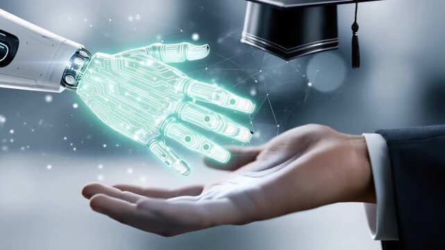 A robotic hand extends a glowing, digital grasp to a human hand, symbolizing the convergence of artificial intelligence and education. ..Created with Generative AI, not depicting real subjects.